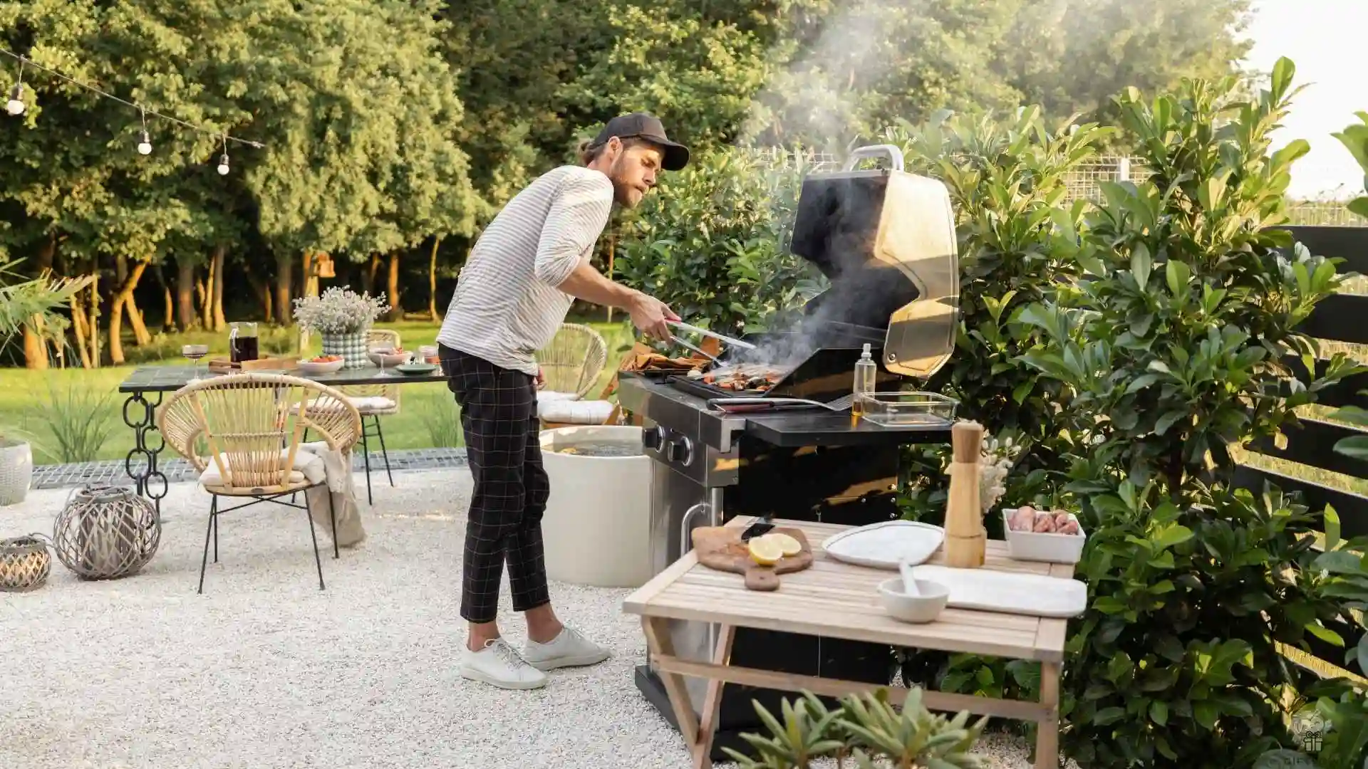 Mann nutzt hochwertige Grillgeschenke beim Grillen von Steaks im Garten